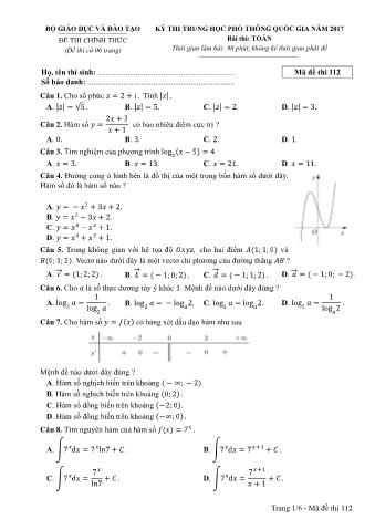 Đề thi chính thức THPT Quốc gia môn Toán - Mã đề: 112 - Năm học 2017 (Có đáp án)