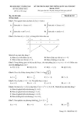 Đề thi chính thức THPT Quốc gia môn Toán - Mã đề: 113 - Năm học 2017 (Có đáp án)