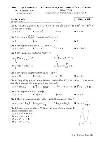 Đề thi chính thức THPT Quốc gia môn Toán - Mã đề: 114 - Năm học 2017 (Có đáp án)
