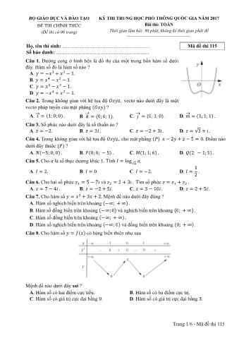 Đề thi chính thức THPT Quốc gia môn Toán - Mã đề: 115 - Năm học 2017 (Có đáp án)