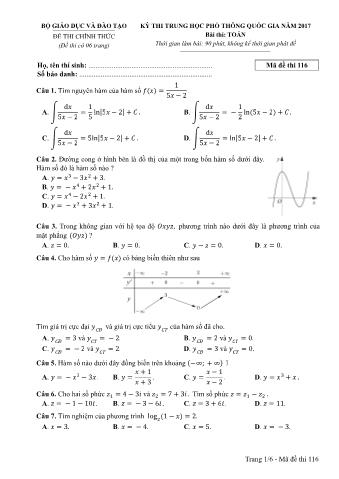 Đề thi chính thức THPT Quốc gia môn Toán - Mã đề: 116 - Năm học 2017 (Có đáp án)