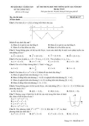 Đề thi chính thức THPT Quốc gia môn Toán - Mã đề: 117 - Năm học 2017 (Có đáp án)