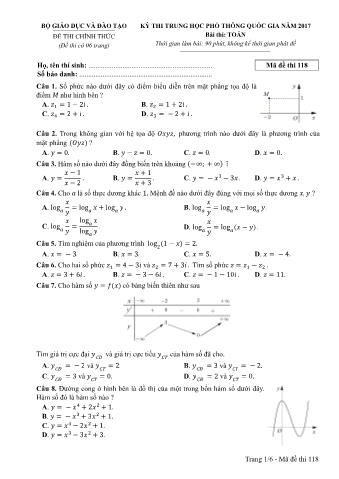 Đề thi chính thức THPT Quốc gia môn Toán - Mã đề: 118 - Năm học 2017 (Có đáp án)