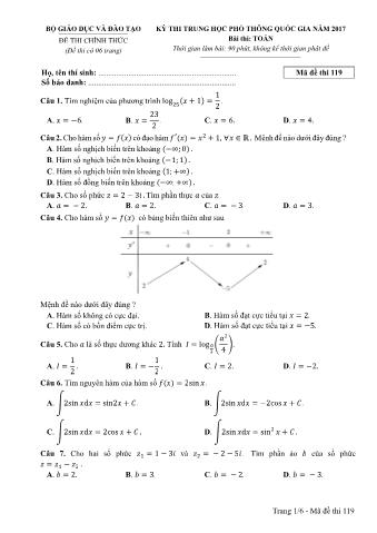 Đề thi chính thức THPT Quốc gia môn Toán - Mã đề: 119 - Năm học 2017 (Có đáp án)