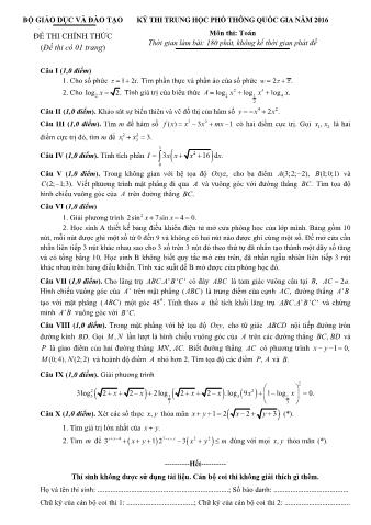 Đề thi chính thức THPT Quốc gia môn Toán - Năm học 2016 (Có đáp án)