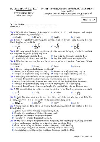 Đề thi chính thức THPT Quốc gia môn Vật lí - Mã đề: 169 - Năm học 2016 (Có đáp án)