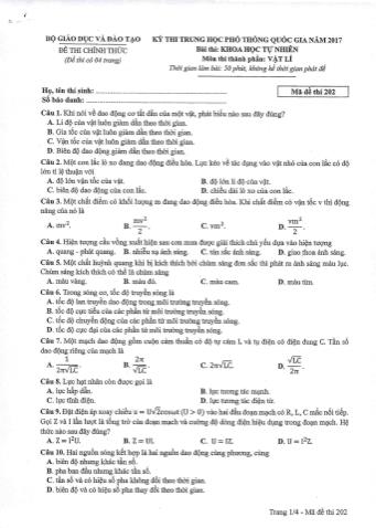 Đề thi chính thức THPT Quốc gia môn Vật lí - Mã đề: 202 - Năm học 2017 (Có đáp án)