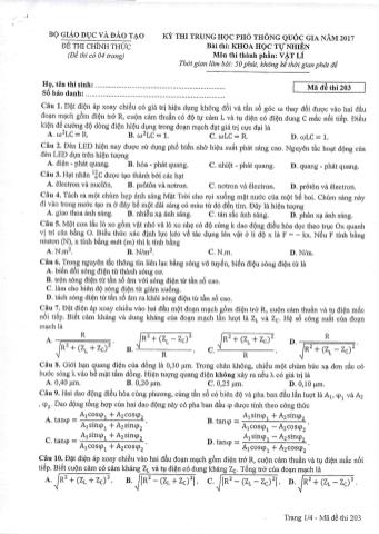 Đề thi chính thức THPT Quốc gia môn Vật lí - Mã đề: 203 - Năm học 2017 (Có đáp án)