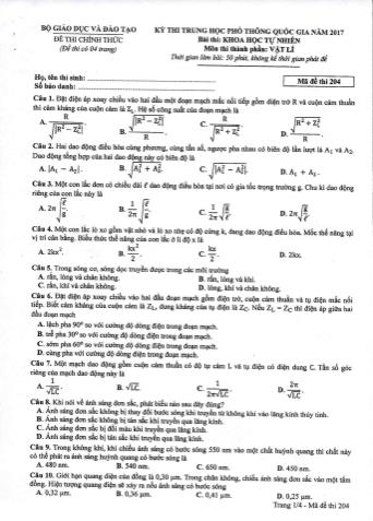 Đề thi chính thức THPT Quốc gia môn Vật lí - Mã đề: 204 - Năm học 2017 (Có đáp án)