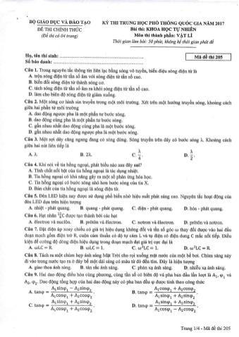 Đề thi chính thức THPT Quốc gia môn Vật lí - Mã đề: 205 - Năm học 2017 (Có đáp án)