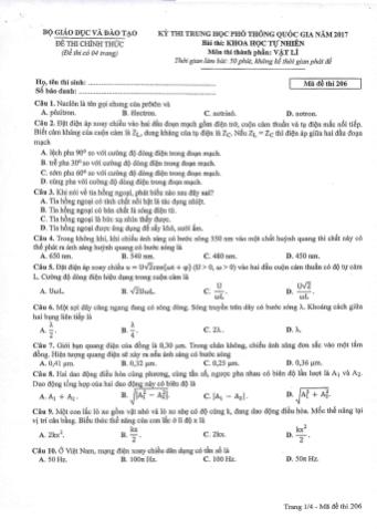 Đề thi chính thức THPT Quốc gia môn Vật lí - Mã đề: 206 - Năm học 2017 (Có đáp án)