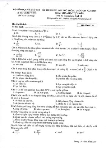 Đề thi chính thức THPT Quốc gia môn Vật lí - Mã đề: 210 - Năm học 2017 (Có đáp án)