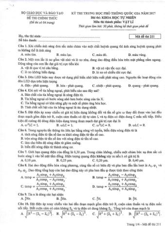 Đề thi chính thức THPT Quốc gia môn Vật lí - Mã đề: 211 - Năm học 2017 (Có đáp án)