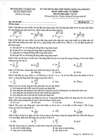 Đề thi chính thức THPT Quốc gia môn Vật lí - Mã đề: 212 - Năm học 2017 (Có đáp án)