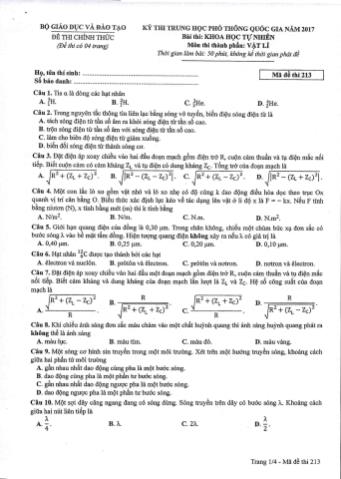Đề thi chính thức THPT Quốc gia môn Vật lí - Mã đề: 213 - Năm học 2017 (Có đáp án)
