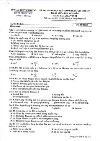 Đề thi chính thức THPT Quốc gia môn Vật lí - Mã đề: 216 - Năm học 2017 (Có đáp án)