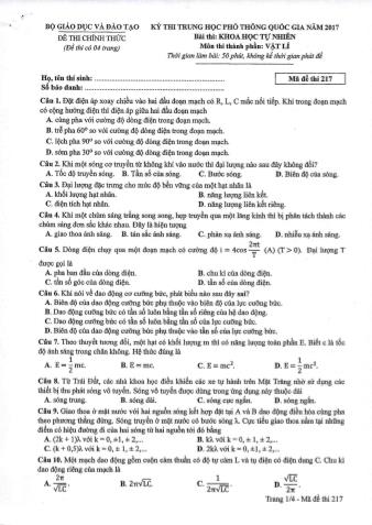 Đề thi chính thức THPT Quốc gia môn Vật lí - Mã đề: 217 - Năm học 2017 (Có đáp án)