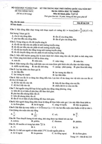 Đề thi chính thức THPT Quốc gia môn Vật lí - Mã đề: 218 - Năm học 2017 (Có đáp án)