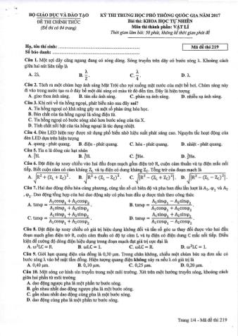 Đề thi chính thức THPT Quốc gia môn Vật lí - Mã đề: 219 - Năm học 2017 (Có đáp án)