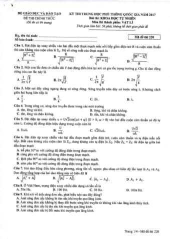 Đề thi chính thức THPT Quốc gia môn Vật lí - Mã đề: 220 - Năm học 2017 (Có đáp án)