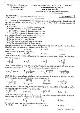 Đề thi chính thức THPT Quốc gia môn Vật lí - Mã đề: 222 - Năm học 2017 (Có đáp án)