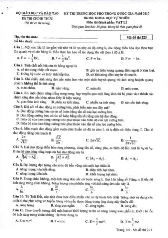 Đề thi chính thức THPT Quốc gia môn Vật lí - Mã đề: 223 - Năm học 2017 (Có đáp án)