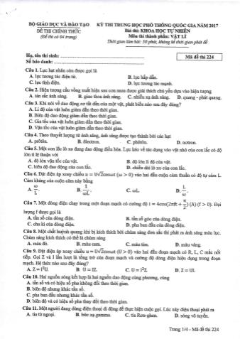 Đề thi chính thức THPT Quốc gia môn Vật lí - Mã đề: 224 - Năm học 2017 (Có đáp án)