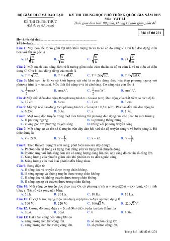 Đề thi chính thức THPT Quốc gia môn Vật lí - Mã đề: 274 - Năm học 2015 (Có đáp án)