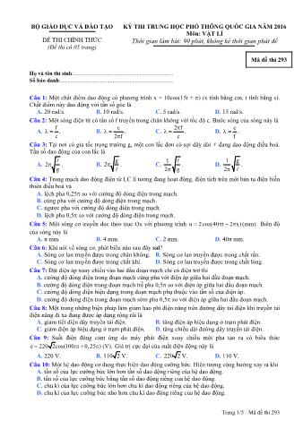 Đề thi chính thức THPT Quốc gia môn Vật lí - Mã đề: 293 - Năm học 2016 (Có đáp án)