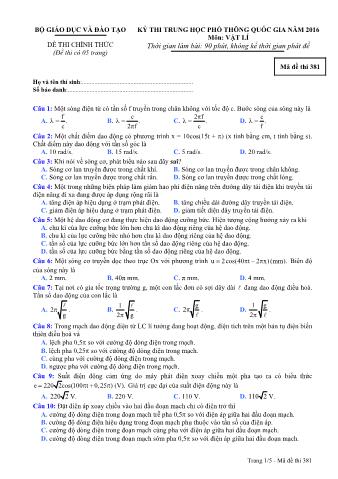 Đề thi chính thức THPT Quốc gia môn Vật lí - Mã đề: 381 - Năm học 2016 (Có đáp án)