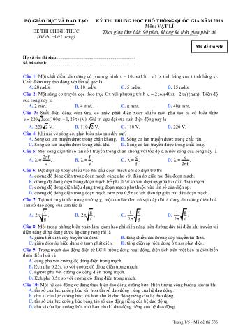 Đề thi chính thức THPT Quốc gia môn Vật lí - Mã đề: 536 - Năm học 2016 (Có đáp án)