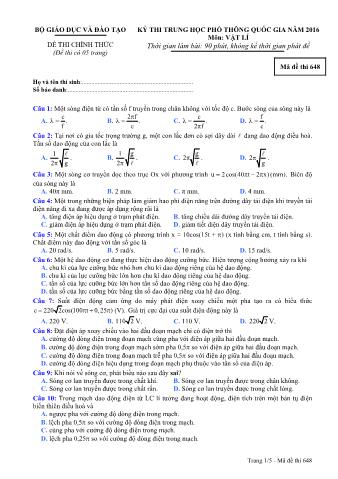 Đề thi chính thức THPT Quốc gia môn Vật lí - Mã đề: 648 - Năm học 2016 (Có đáp án)