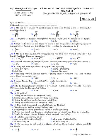 Đề thi chính thức THPT Quốc gia môn Vật lí - Mã đề: 682 - Năm học 2015 (Có đáp án)