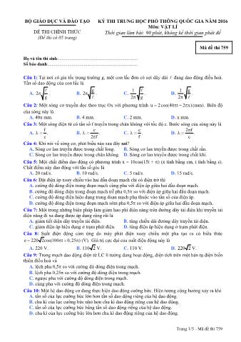 Đề thi chính thức THPT Quốc gia môn Vật lí - Mã đề: 759 - Năm học 2016 (Có đáp án)