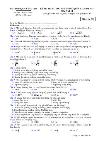 Đề thi chính thức THPT Quốc gia môn Vật lí - Mã đề: 935 - Năm học 2015 (Có đáp án)