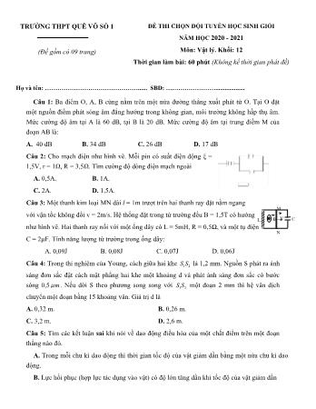 Đề thi chọn đội tuyển học sinh giỏi Vật lí Lớp 12 - Năm học 2020-2021 - Trường THPT Quế Võ số 1