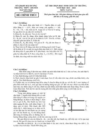 Đề thi chọn học sinh giỏi cấp trường Vật lí Lớp 12 - Năm học 2021-2022 - Trường THPT chuyên Nguyễn Trãi (Có đáp án)