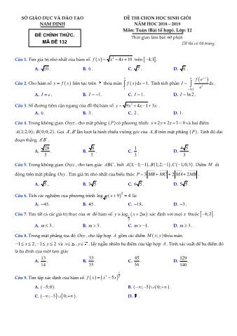Đề thi chọn học sinh giỏi môn Toán Lớp 12 - Năm học 2018-2019