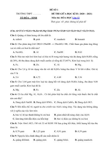 Đề thi giữa học kì 2 Hóa học Lớp 12 - Năm học 2020-2021