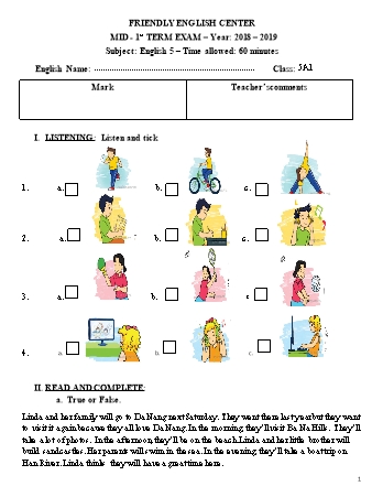 Đề thi giữa học kì I môn Tiếng Anh Lớp 5 - Năm học 2018-2019