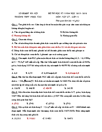 Đề thi học kì 1 Vật lí Lớp 12 - Năm học 2015-2016 - Trường THPT Ngọc Tảo (Có đáp án)