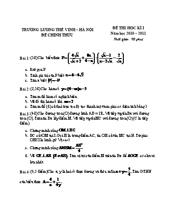 Đề thi học kì I môn Toán 9 - Trường THPT Lương Thế Vinh - Năm học 2010-2011
