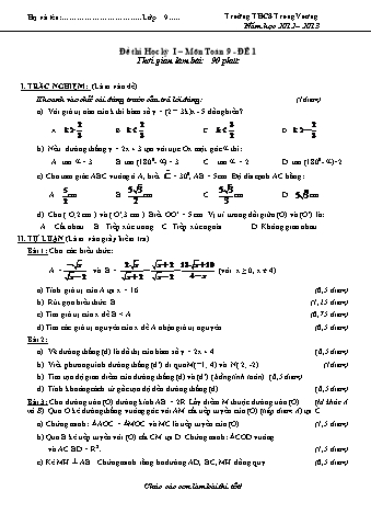 Đề thi học kỳ I môn Toán 9 - Năm học 2012-2013 - Trường THCS Trưng Vương (Có đáp án)