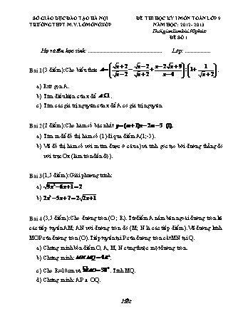 Đề thi học kỳ I môn Toán Lớp 9 - Năm học 2012-2013 - Trường THPT M.V. Lômônôxốp