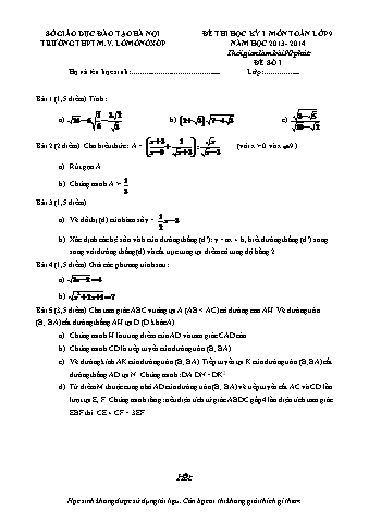 Đề thi học kỳ I môn Toán Lớp 9 - Năm học 2013-2014 - Trường THPT M.V. Lômônôxốp (Kèm đáp án và thang điểm)