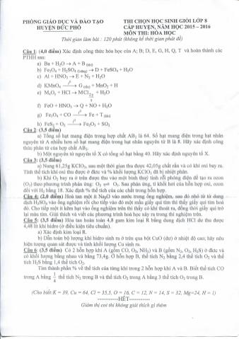 Đề thi học sinh giỏi cấp huyện Hóa học Lớp 8 - Đề 17 - Phòng giáo dục và đào tạo huyện Đức Phổ