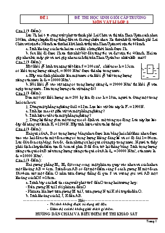 Đề thi học sinh giỏi cấp trường môn Vật lí Lớp 8 (Kèm hướng dẫn chấm)
