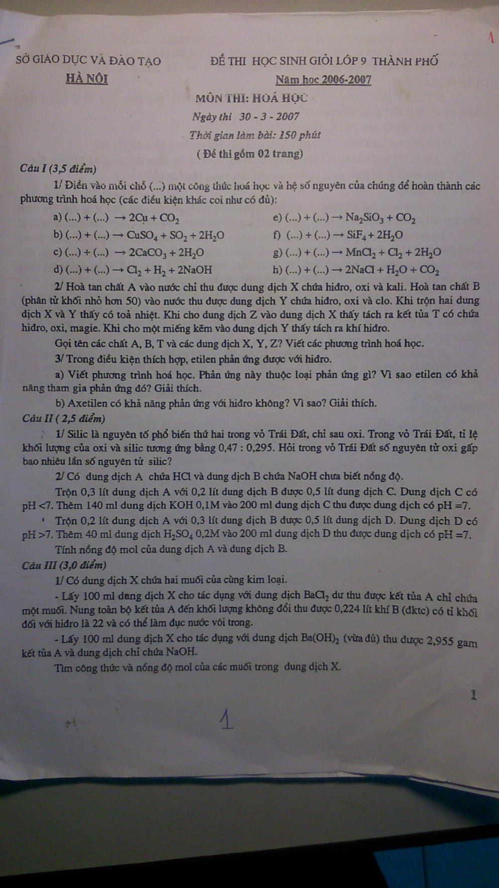 Đề thi học sinh giỏi Thành phố Hóa học Lớp 9 - Năm học 2006-2007 - Sở giáo dục và đào tạo Hà Nội