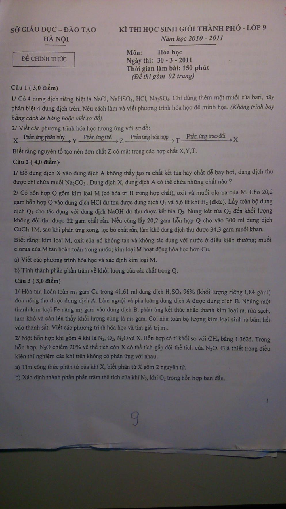 Đề thi học sinh giỏi Thành phố Hóa học Lớp 9 - Năm học 2010-2011 - Sở giáo dục và đào tạo Hà Nội