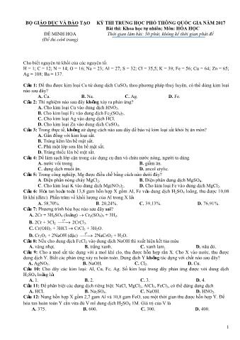 Đề thi minh họa THPT Quốc gia môn Hóa học - Năm học 2017